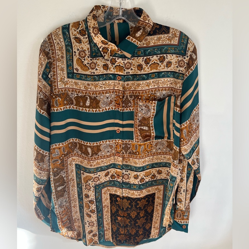 Scarf Print Oversized Button Up Blouse NWOT